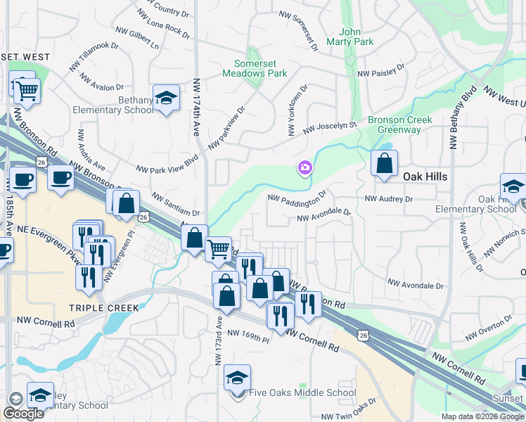 map of restaurants, bars, coffee shops, grocery stores, and more near 16824 Northwest Paddington Drive in Beaverton