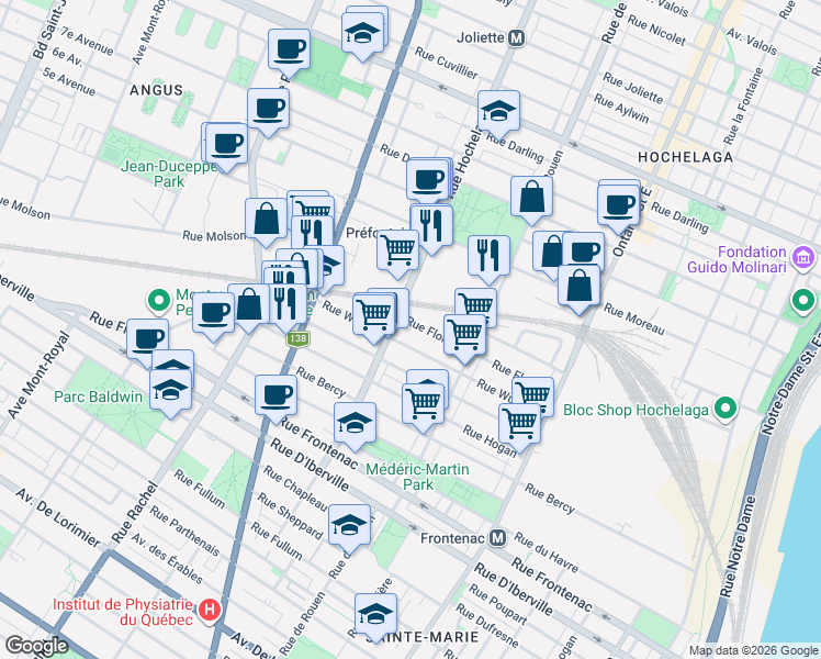 map of restaurants, bars, coffee shops, grocery stores, and more near 2410 Rue Florian in Montréal