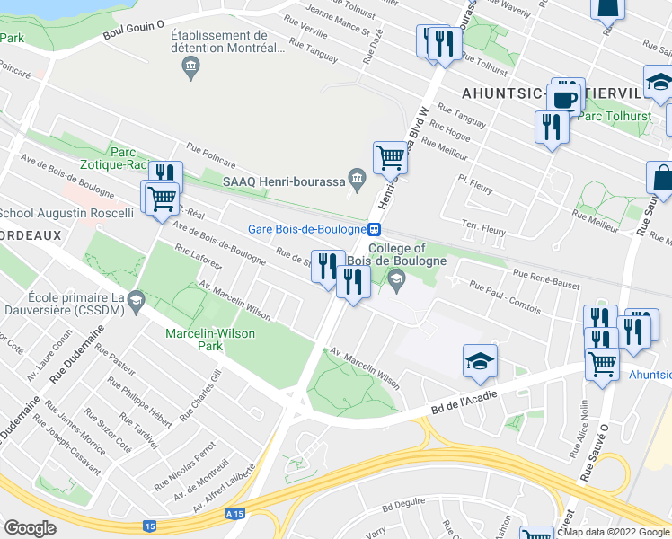 map of restaurants, bars, coffee shops, grocery stores, and more near 10755 Rue de Saint-Réal in Montréal