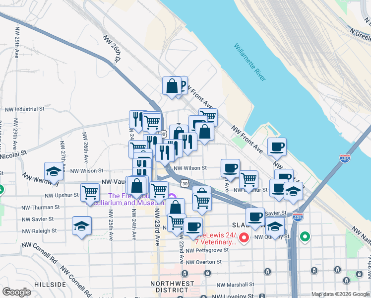 map of restaurants, bars, coffee shops, grocery stores, and more near 2202-2204 Northwest Roosevelt Street in Portland
