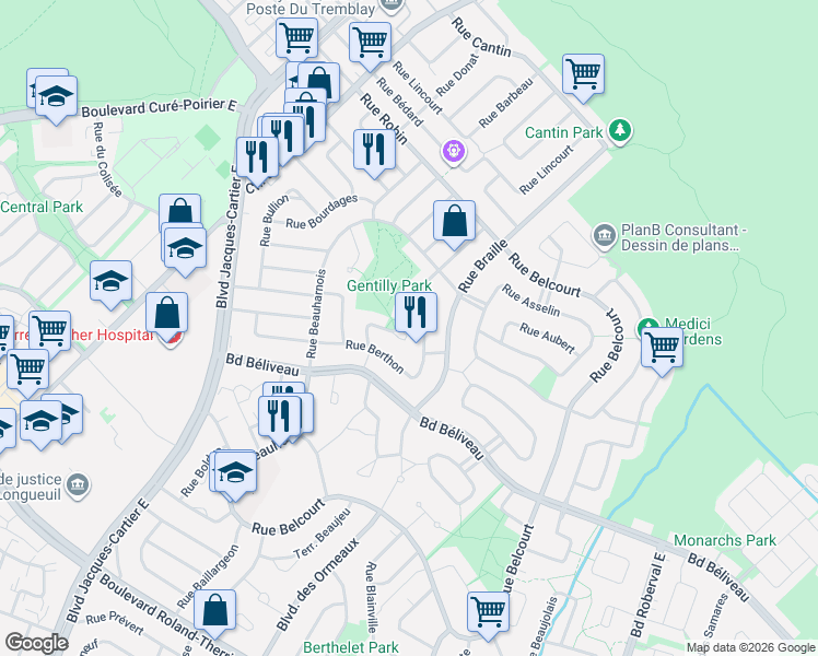map of restaurants, bars, coffee shops, grocery stores, and more near 1650 Rue Bétournay in Longueuil