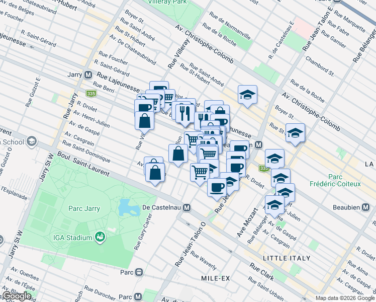 map of restaurants, bars, coffee shops, grocery stores, and more near 7424 Rue Drolet in Montréal