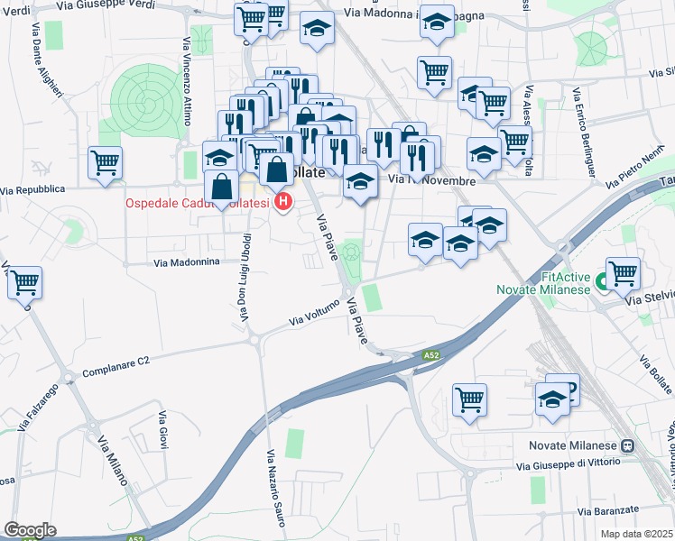 map of restaurants, bars, coffee shops, grocery stores, and more near 26 Via Piave in Bollate