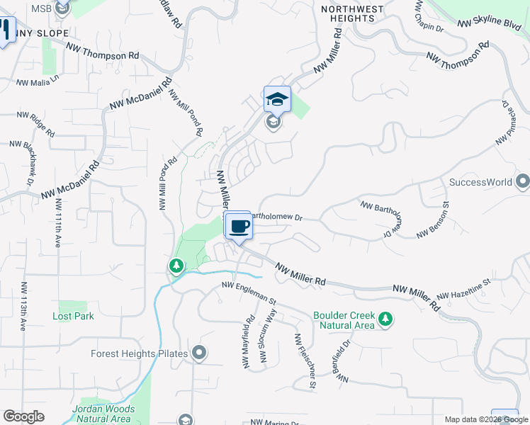 map of restaurants, bars, coffee shops, grocery stores, and more near 9831 Northwest Bartholomew Drive in Portland