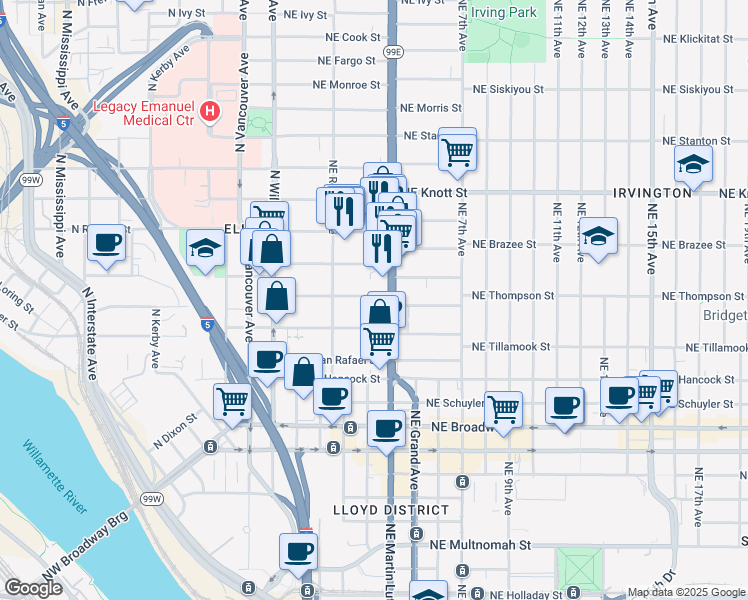 map of restaurants, bars, coffee shops, grocery stores, and more near 308 Northeast Thompson Street in Portland
