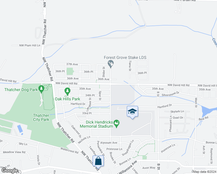 map of restaurants, bars, coffee shops, grocery stores, and more near 1839 35th Avenue in Forest Grove