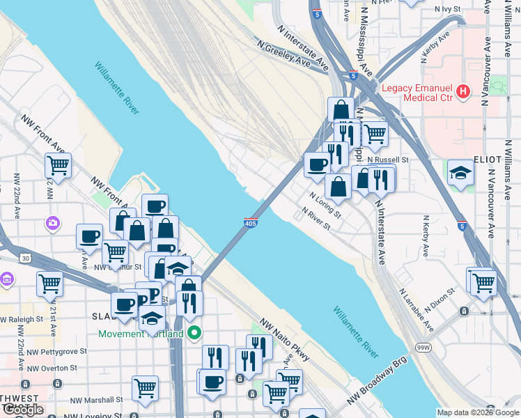 map of restaurants, bars, coffee shops, grocery stores, and more near Northwest Fremont Bridge in Portland