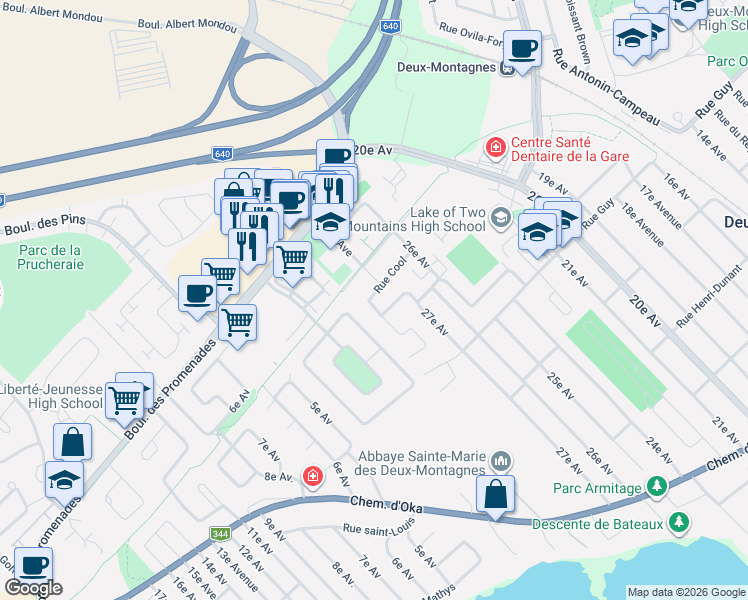map of restaurants, bars, coffee shops, grocery stores, and more near 449 28e Avenue in Deux-Montagnes