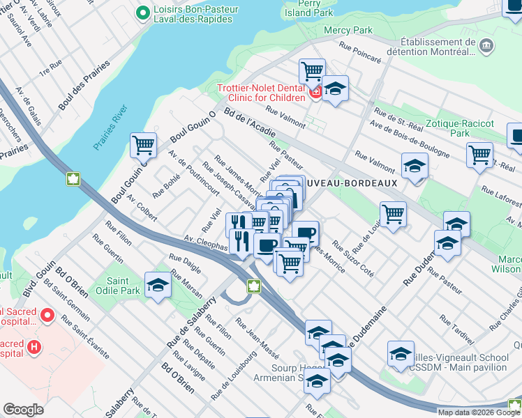map of restaurants, bars, coffee shops, grocery stores, and more near 12063 Rue Joseph-Casavant in Montréal