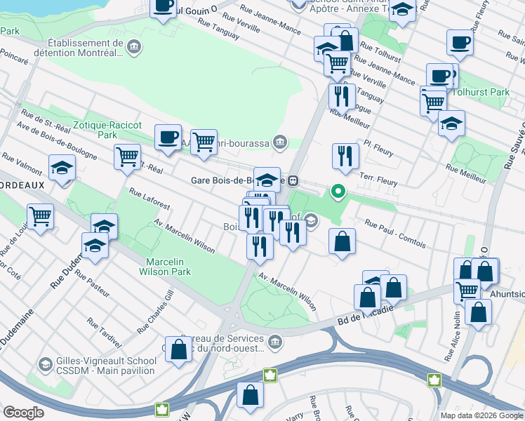 map of restaurants, bars, coffee shops, grocery stores, and more near 10755 Rue de Saint-Réal in Montréal