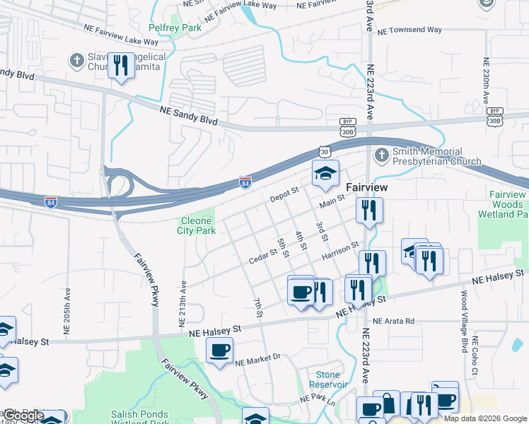 map of restaurants, bars, coffee shops, grocery stores, and more near 555 Main Street in Fairview