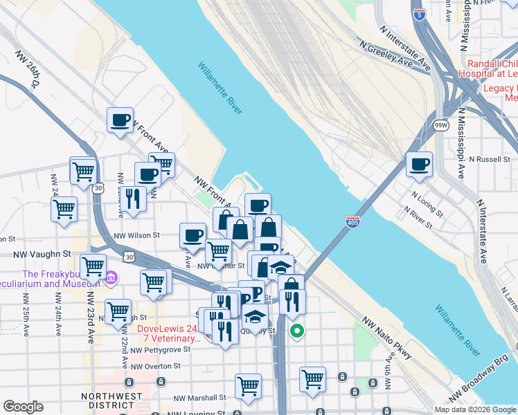 map of restaurants, bars, coffee shops, grocery stores, and more near in Portland