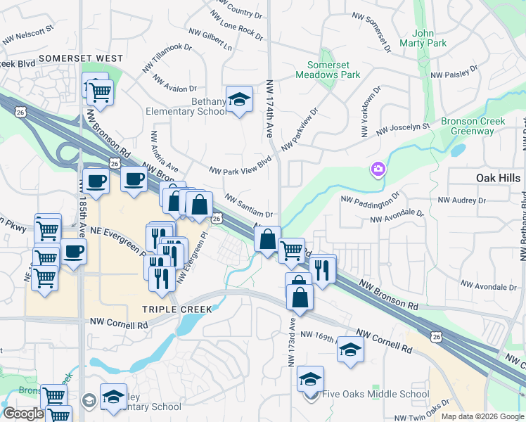 map of restaurants, bars, coffee shops, grocery stores, and more near 17432 Northwest Santiam Drive in Portland