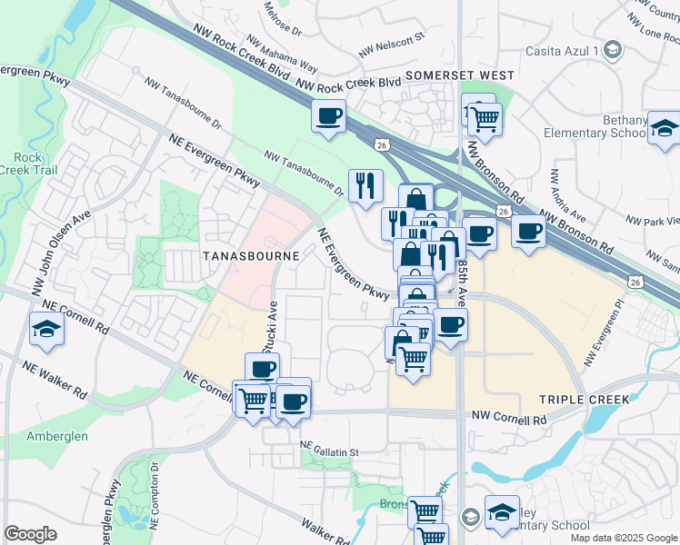 map of restaurants, bars, coffee shops, grocery stores, and more near 10406 Northeast Evergreen Parkway in Hillsboro