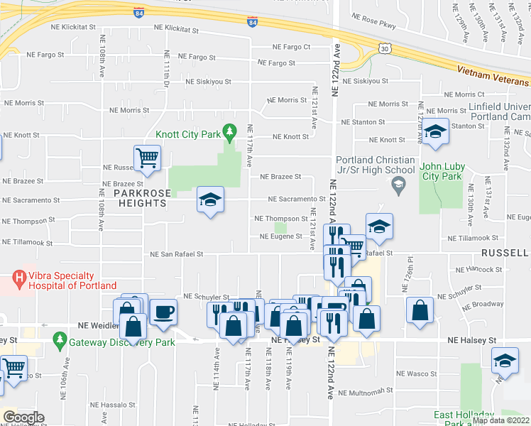 map of restaurants, bars, coffee shops, grocery stores, and more near 11805 Northeast Thompson Street in Portland
