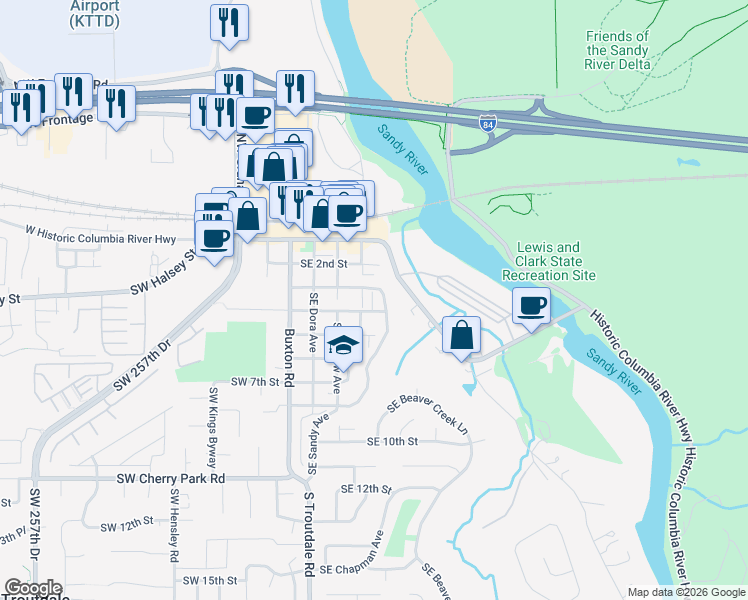 map of restaurants, bars, coffee shops, grocery stores, and more near 442 Southeast 4th Street in Troutdale