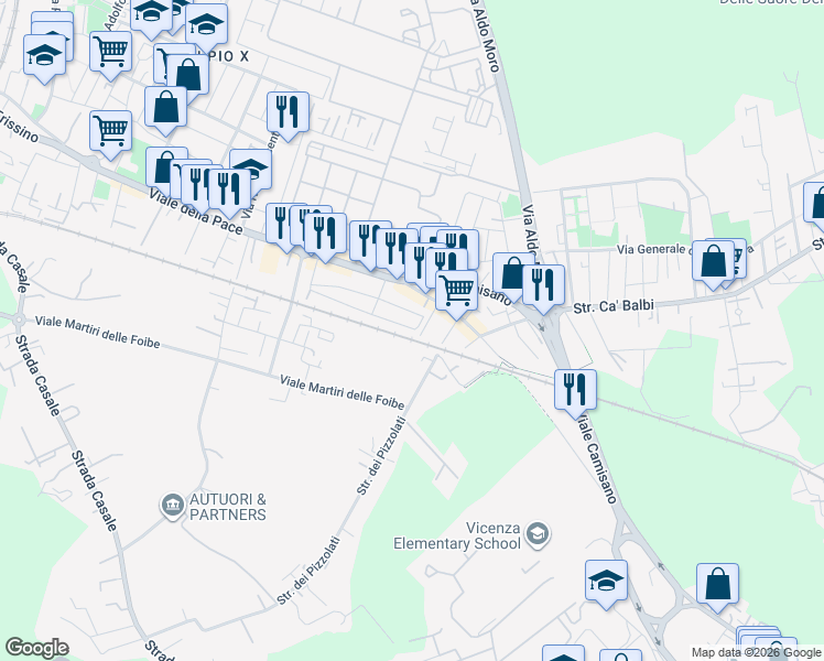 map of restaurants, bars, coffee shops, grocery stores, and more near 96 Via Lazzaro Bonamico in Vicenza