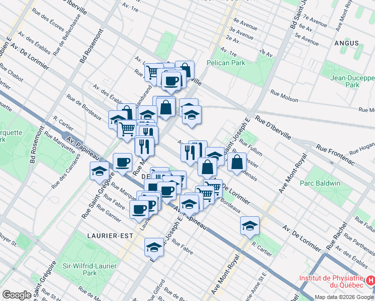 map of restaurants, bars, coffee shops, grocery stores, and more near 5186 Avenue des Érables in Montréal