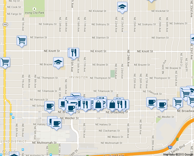 map of restaurants, bars, coffee shops, grocery stores, and more near NE Thompson St & NE 19th Ave in Portland