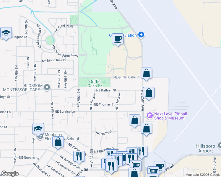 map of restaurants, bars, coffee shops, grocery stores, and more near 1892 Northeast Kathryn Street in Hillsboro