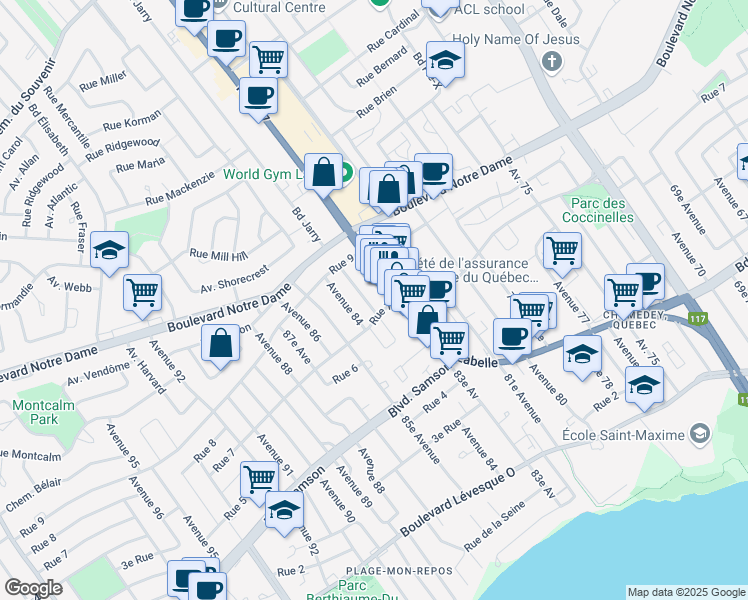 map of restaurants, bars, coffee shops, grocery stores, and more near 539 83e Av in Laval