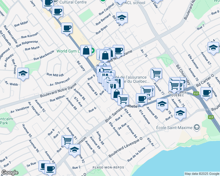map of restaurants, bars, coffee shops, grocery stores, and more near in Laval