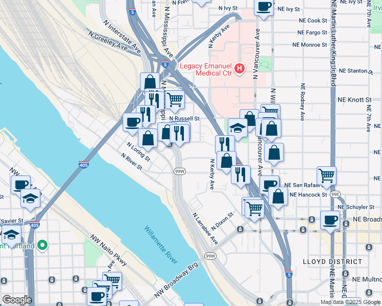 map of restaurants, bars, coffee shops, grocery stores, and more near 660 N Thompson St in Portland