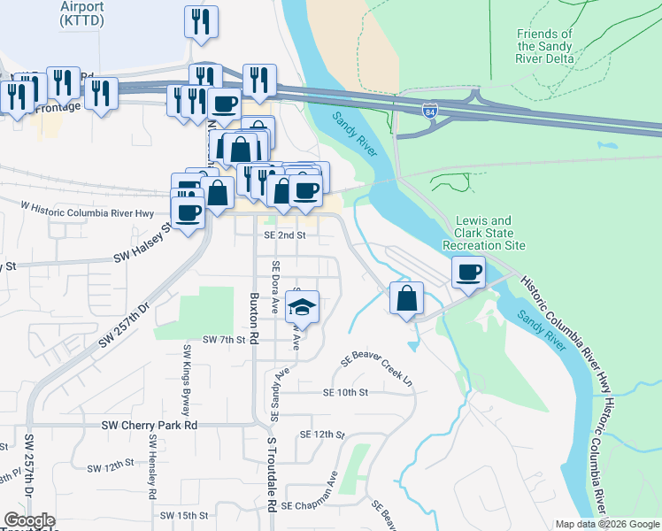 map of restaurants, bars, coffee shops, grocery stores, and more near 442 Southeast 4th Street in Troutdale