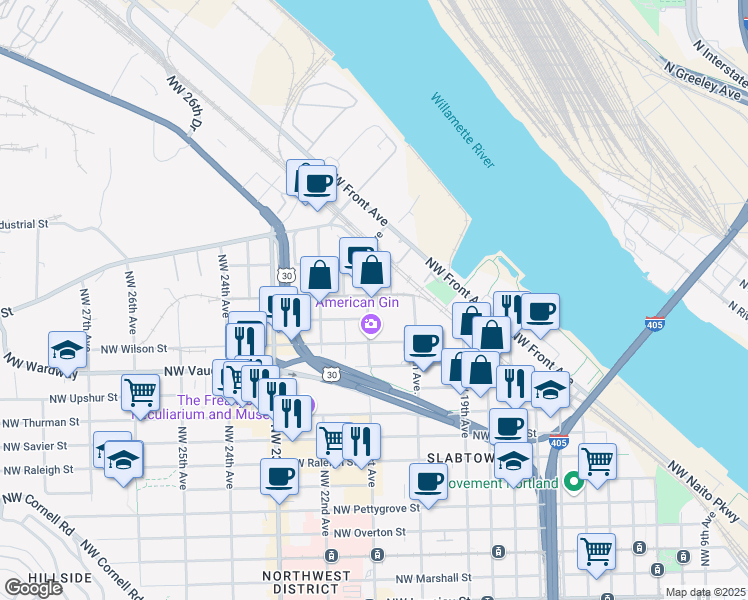 map of restaurants, bars, coffee shops, grocery stores, and more near 2214 Northwest 21st Avenue in Portland