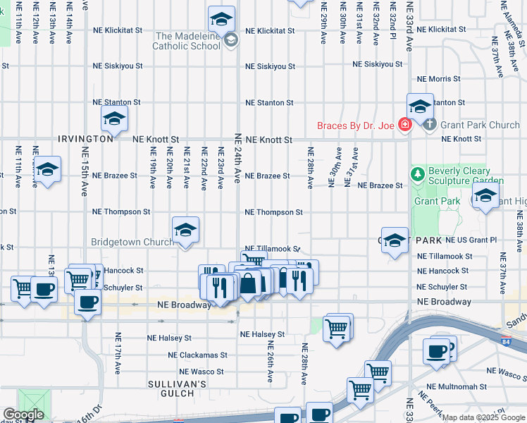 map of restaurants, bars, coffee shops, grocery stores, and more near 2224 Northeast 25th Avenue in Portland