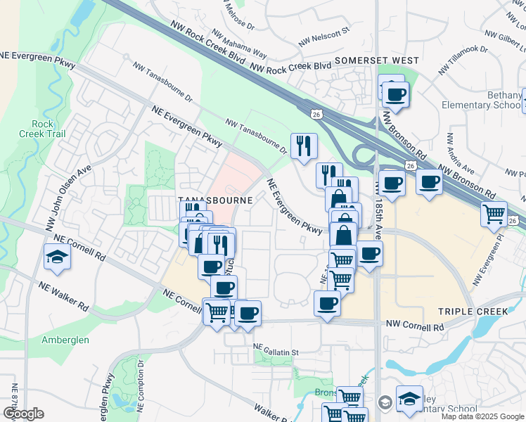 map of restaurants, bars, coffee shops, grocery stores, and more near 10272 Northeast Evergreen Parkway in Hillsboro