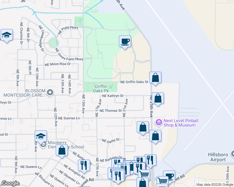 map of restaurants, bars, coffee shops, grocery stores, and more near 1892 Northeast Kathryn Street in Hillsboro