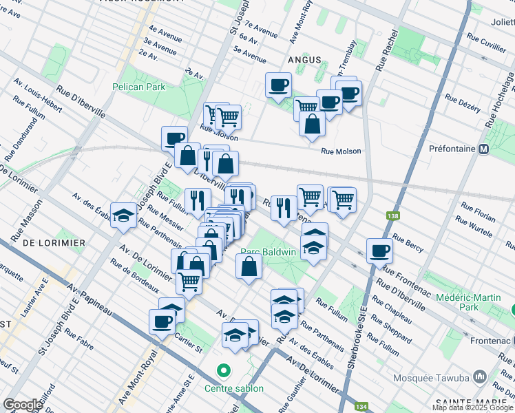 map of restaurants, bars, coffee shops, grocery stores, and more near 4495 Rue d'Iberville in Montreal