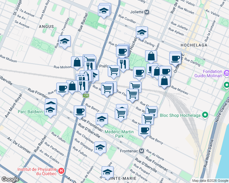 map of restaurants, bars, coffee shops, grocery stores, and more near 2310 Rue Florian in Montréal