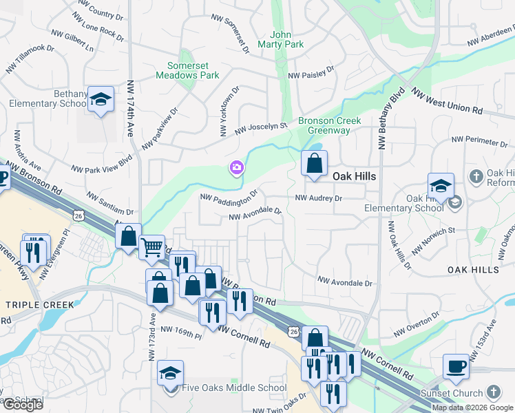 map of restaurants, bars, coffee shops, grocery stores, and more near 16617 Northwest Avondale Drive in Beaverton