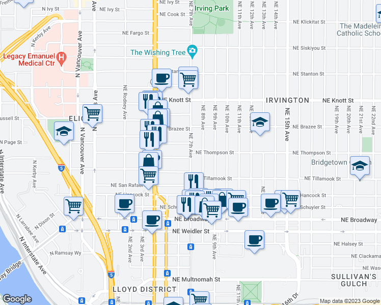 map of restaurants, bars, coffee shops, grocery stores, and more near NE Thompson St & NE 7th Ave in Portland