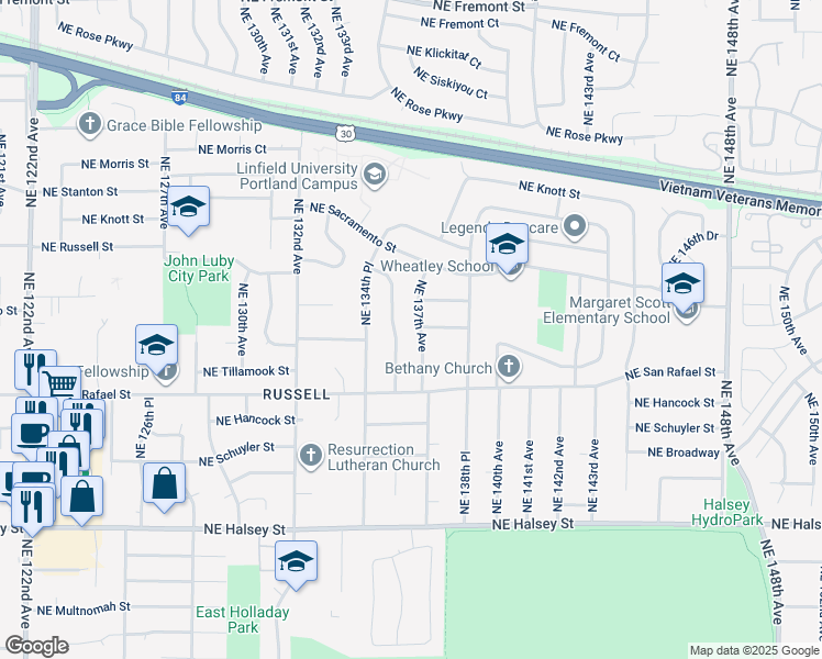 map of restaurants, bars, coffee shops, grocery stores, and more near 2211 Northeast 137th Avenue in Portland