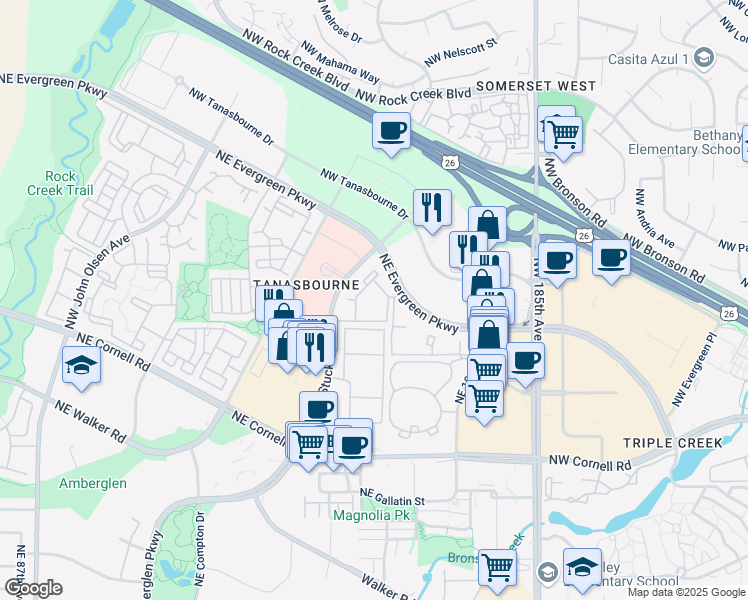 map of restaurants, bars, coffee shops, grocery stores, and more near 10272 Northeast Evergreen Parkway in Hillsboro