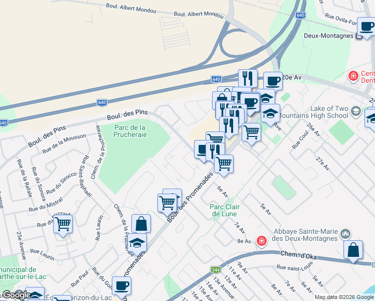 map of restaurants, bars, coffee shops, grocery stores, and more near 2042 Boulevard des Pins in Sainte-Marthe-sur-le-Lac