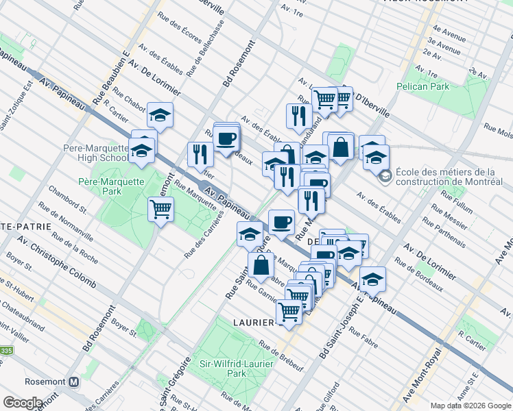 map of restaurants, bars, coffee shops, grocery stores, and more near 1839 Rue Dandurand in Montréal