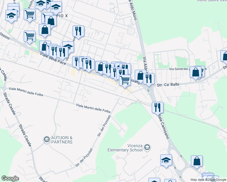 map of restaurants, bars, coffee shops, grocery stores, and more near 96 Via Lazzaro Bonamico in Vicenza