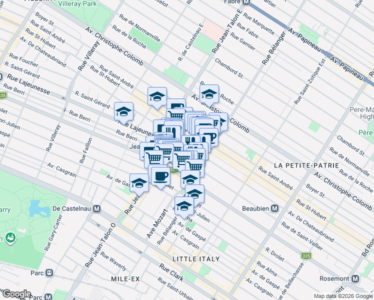 map of restaurants, bars, coffee shops, grocery stores, and more near 7036a Avenue De Chateaubriand in Montréal