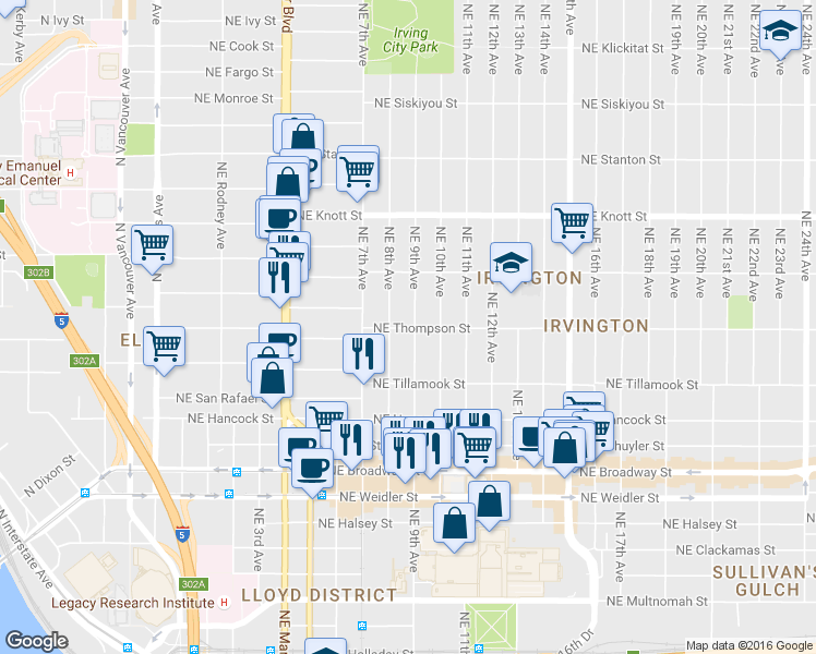 map of restaurants, bars, coffee shops, grocery stores, and more near 833 NE Thompson St in Portland