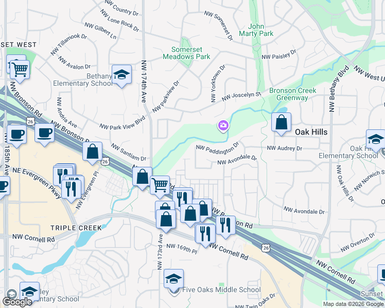 map of restaurants, bars, coffee shops, grocery stores, and more near 16824 Northwest Paddington Drive in Beaverton