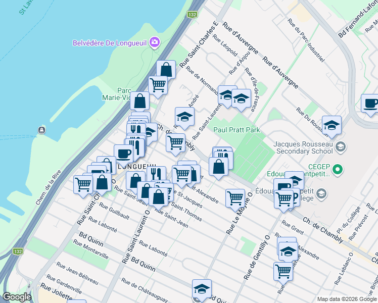 map of restaurants, bars, coffee shops, grocery stores, and more near 370 Chemin de Chambly in Longueuil