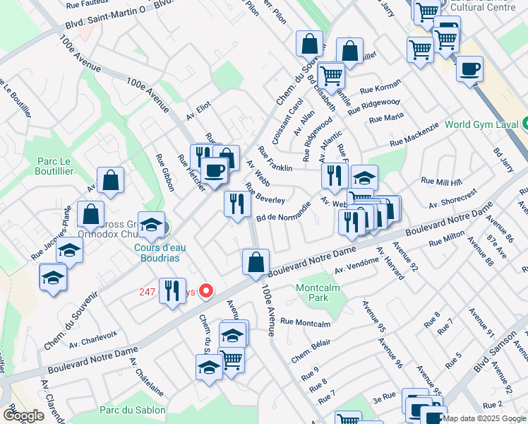 map of restaurants, bars, coffee shops, grocery stores, and more near 1525 Boulevard de Normandie in Laval
