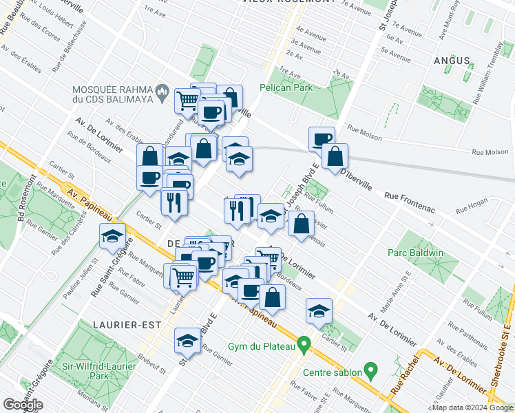 map of restaurants, bars, coffee shops, grocery stores, and more near 5100 Rue Parthenais in Montréal