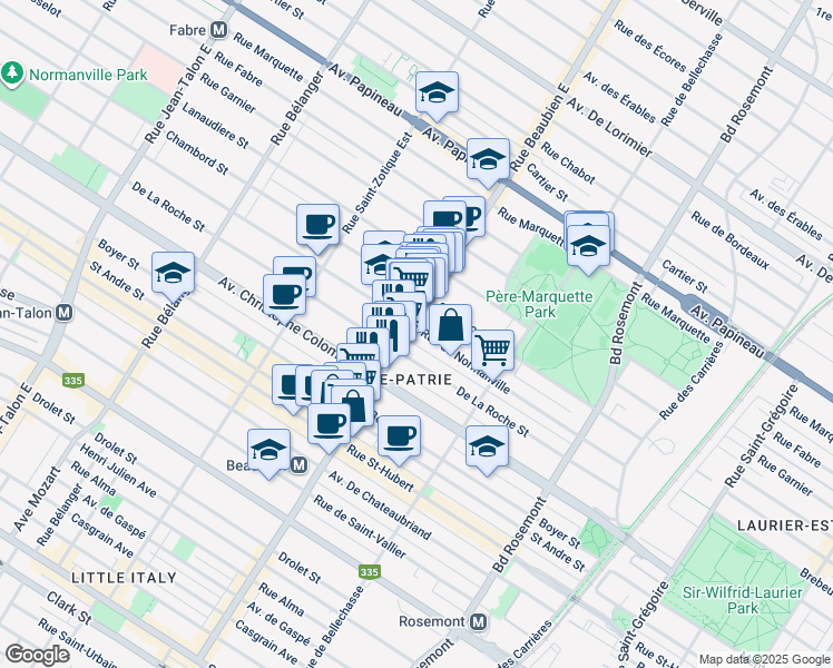 map of restaurants, bars, coffee shops, grocery stores, and more near 1240 Rue Beaubien Est in Montréal