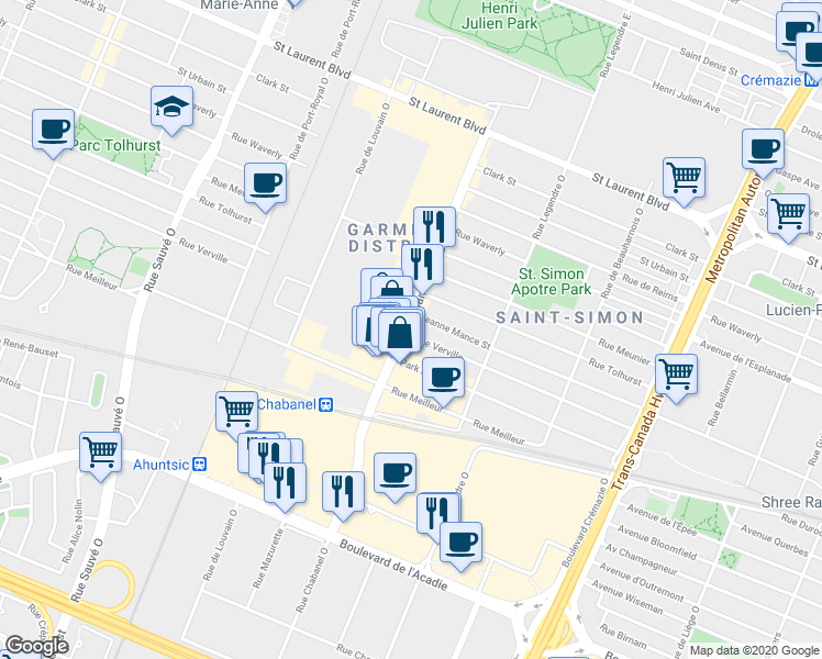 map of restaurants, bars, coffee shops, grocery stores, and more near 352 Rue Chabanel Ouest in Montréal