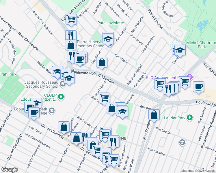 map of restaurants, bars, coffee shops, grocery stores, and more near 637 Rue Leblanc Est in Longueuil